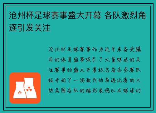 沧州杯足球赛事盛大开幕 各队激烈角逐引发关注
