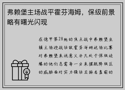 弗赖堡主场战平霍芬海姆，保级前景略有曙光闪现