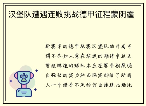 汉堡队遭遇连败挑战德甲征程蒙阴霾