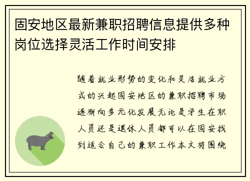 固安地区最新兼职招聘信息提供多种岗位选择灵活工作时间安排