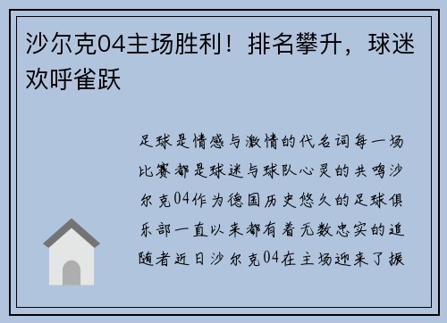 沙尔克04主场胜利！排名攀升，球迷欢呼雀跃