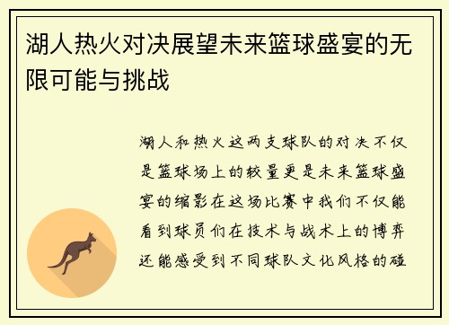 湖人热火对决展望未来篮球盛宴的无限可能与挑战