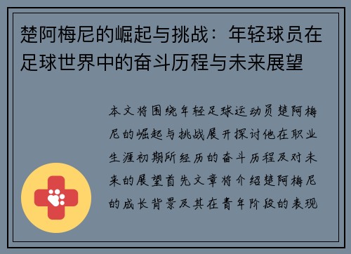 楚阿梅尼的崛起与挑战：年轻球员在足球世界中的奋斗历程与未来展望