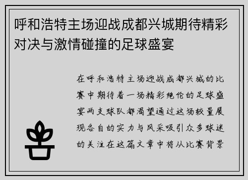 呼和浩特主场迎战成都兴城期待精彩对决与激情碰撞的足球盛宴