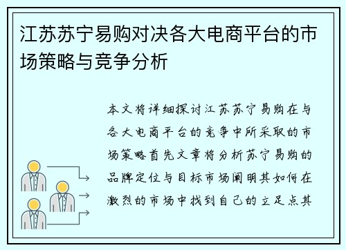 江苏苏宁易购对决各大电商平台的市场策略与竞争分析