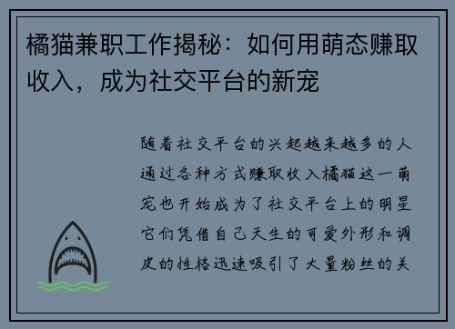 橘猫兼职工作揭秘：如何用萌态赚取收入，成为社交平台的新宠