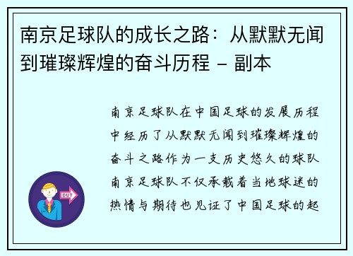 南京足球队的成长之路：从默默无闻到璀璨辉煌的奋斗历程 - 副本